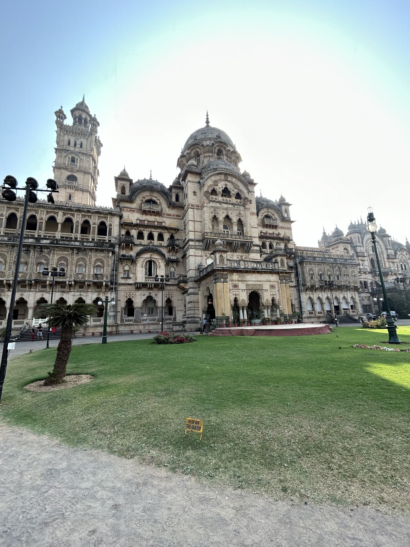 Another view of the grand Laxmi Vilas Palace, showing its scale.